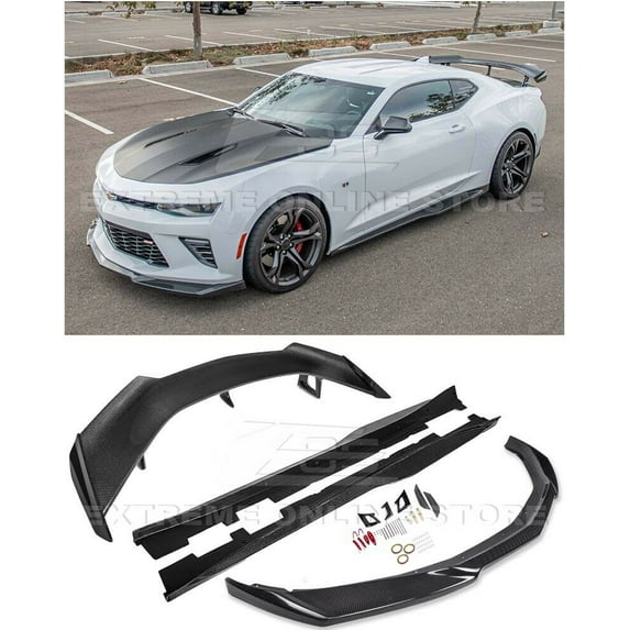 Replacement For 2016-2022 Chevrolet Camaro SS / 2019-2022 Chevrolet Camaro LT LS RS | ZL1 Style Carbon Fiber Front Lip Splitter Side Skirts & Rear High Wing Spoiler Combo Kit
