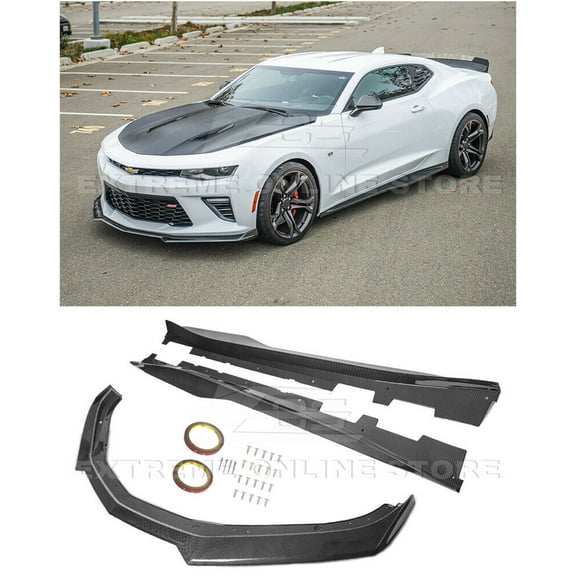 Replacement For 2016-Present Chevrolet Camaro SS / 2019-Present LT LS RS Models | Refresh ZL1 Style Front Bumper Lip Splitter & Side Skirts Panel Pair ( ABS Plastic - Hydro-Dipped Carbon Fiber )