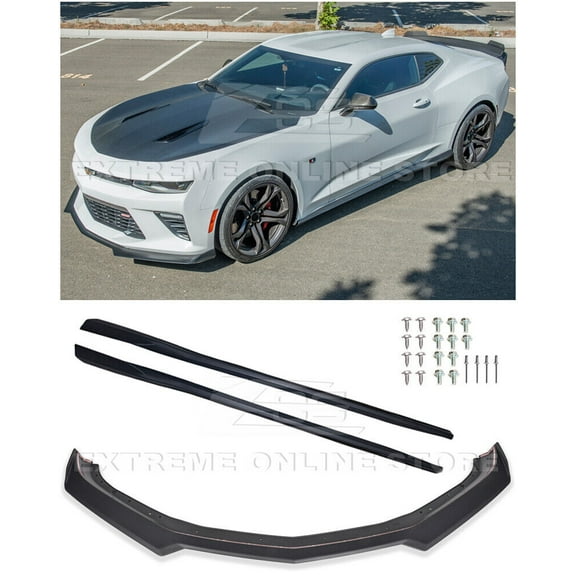 Replacement For 2016-Present Chevrolet Camaro SS / 2019-Present LT LS RS Models | Second Generation Style ABS Plastic - Matte Black Front Bumper Lip Splitter & Side Skirts Rocker Panel Pair
