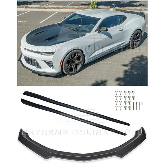 Replacement For 2016-Present Chevrolet Camaro SS / 2019-Present LT LS RS Models | Second Generation Style ABS Plastic - Matte Black Front Bumper Lip Splitter & Side Skirts Rocker Panel Pair