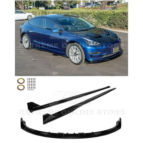 Replacement For 2017-Present Tesla Model 3 | Performance Style ABS Plastic - PAINTED GLOSSY BLACK Front Bumper Lower Lip Splitter With Side Skirts Panel Extension Pair