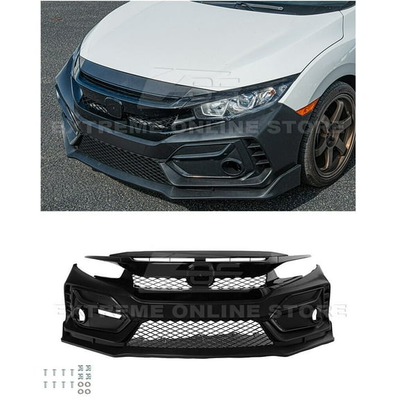 Replacement For 2020-2021 Honda Civic ALL Models | Type-R Style Polyurethane - Primed Black Replacement Full Conversion Front Bumper Grille Trim Lip Full Kit