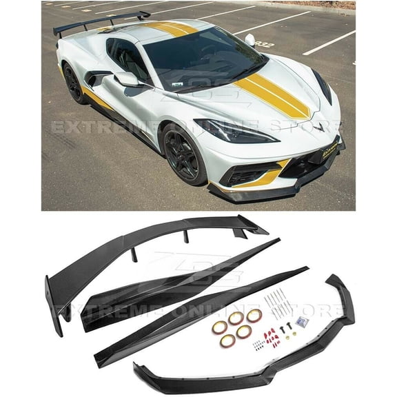 Replacement For 2020-Present Chevrolet Corvette C8 | GM 5VM Style Carbon Fiber Front Bumper Lip Splitter Side Skirts Rocker Panel Pair 7 Rear High Wing Spoiler
