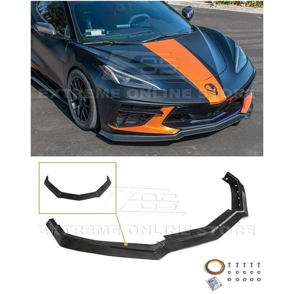 Replacement For 2020-Present Chevrolet Corvette C8 | GM Factory Z06 Style ABS Plastic - Hydro-Dipped Carbon Fiber 3-Pieces Front Bumper Lip Chin Spoiler Lower Splitter