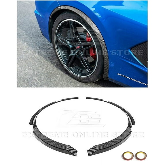 Replacement For 2020-Present Chevrolet Corvette C8 Stingray Models | Performance Package ABS Plastic - Hydro-Dipped Carbon Fiber Rear Side Wheel Trim Molding Fender Flares Extension Pair
