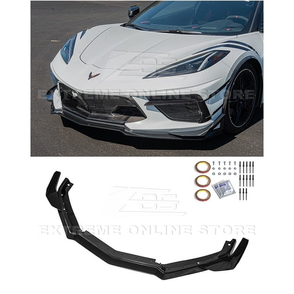 Replacement For 2020-Present Chevrolet Corvette C8 | Z06 Z07 Performance Package ABS Plastic - Hydro-Dipped Carbon Fiber 5-Pieces Front Bumper Lip Chin Spoiler With Side Canards Splitter