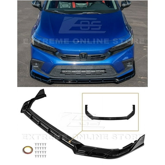 Replacement For 2022-Present Honda Civic | JDM Performance Style Fiber 3-Pieces ABS Plastic - Painted Glossy Black Front Bumper Lip Chin Spoiler Lower Splitter