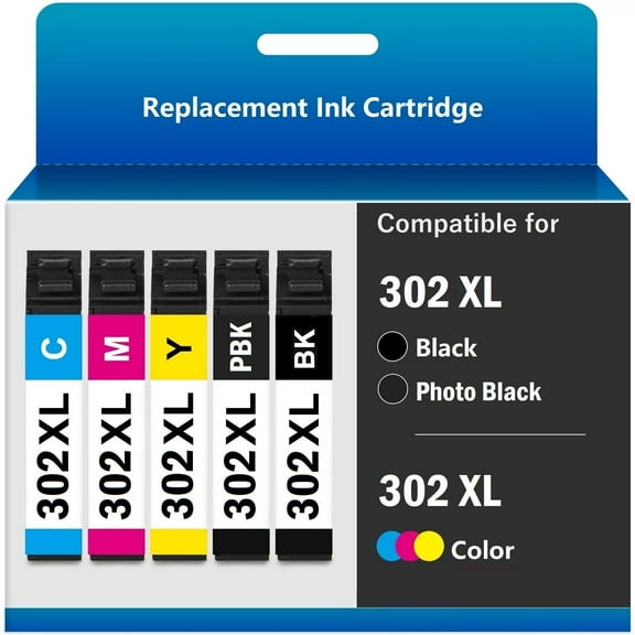 Replacement 302 XL T302XL High Yield Ink Cartridge Compatible for Expression Premium XP-6000 XP-6100 XP 6000 XP 6100 Printer - 5 Pack (Black, Photo Black, Cyan, Magenta, Yellow)