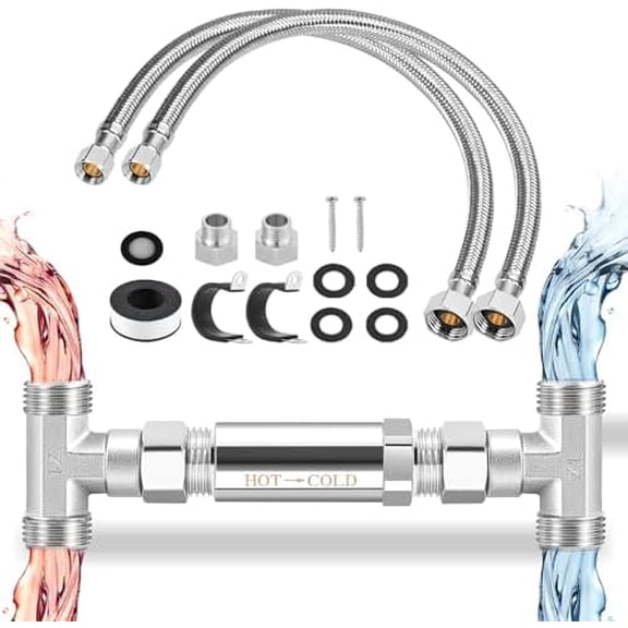 Replacement 304 Stainless Steel Bypass Valve Kit for Instant Hot Water Recirculation System, Includes Valve & 2 x 20 in PEX Supply Lines for Potable Water & Adapters & Teflon Tape