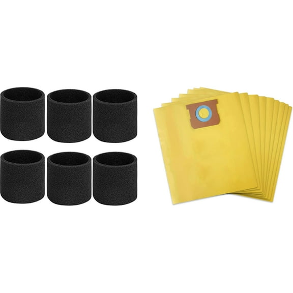 Replacement for 5-6 Gallon High Efficiency Dust Bag, 9 PackVHBS and 6 Pack Foam Filter for Wet Pick-up(VFF51 3701),Fits Vacmaster 5-6 Gallon Wet/Dry Vacuum Cleaners(9 Dust Bags+6 Foam Filters)