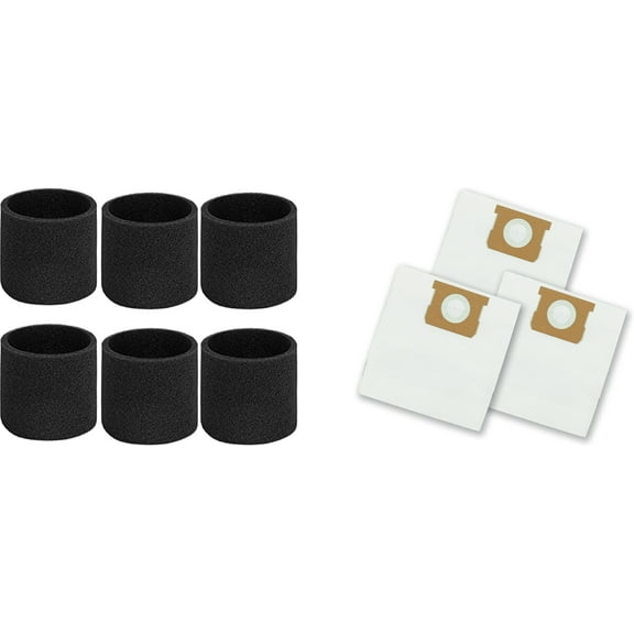 Replacement for 8-10 Gallon Standard Dust Bag, 3 Pack, VDBM and 6-Pack Foam Filter for Wet Pick-up(VFF51 3701),Fits Vacmaster 8-10 Gallon Wet/Dry Vacuum Cleaners(3 Dust Bags+6 Foam Filters)