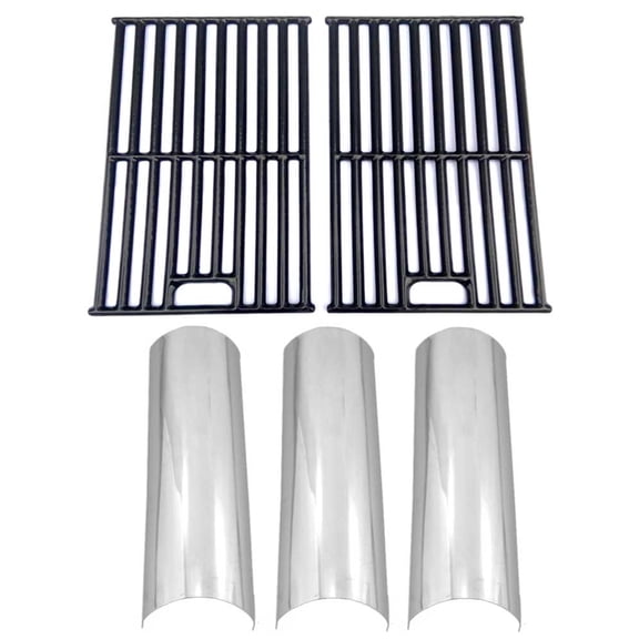 Replacement BBQ Parts for MASTER FORGE SH3118B Gas Grill Models Includes 3 Stainless Steel Heat Plates and Glossy Cast Iron Cooking Grates, Set of 2
