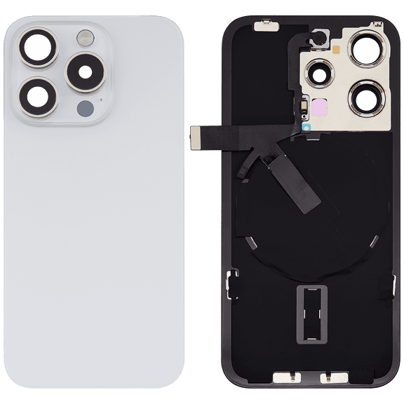 Replacement Back Glass W/Steel Plate W/Wireless NFC Charging Magnet & Flashlight Flex For iPhone 15 Pro (White Titanium)