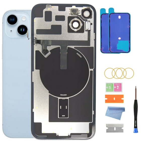 Replacement Back Glass for iPhone 14 Plus (6.7-inch, Blue) with Wireless Charging Cord and Camera Bezel Replacement Device Waterproof Tape