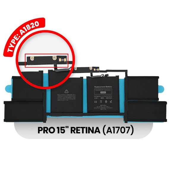 Replacement Battery A1820 Capacity 11.40V-76WH Compatible with Apple Macbook Pro 15" Retina A1707 (2016)