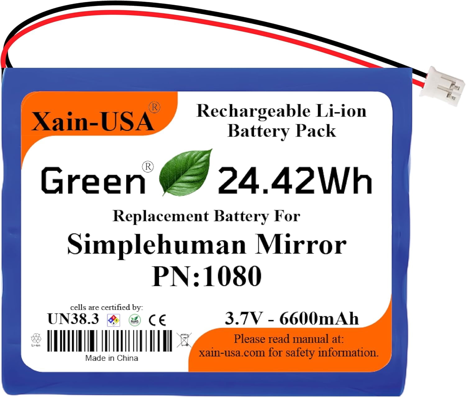 Replacement Battery PN: BT1080 for Simplehuman Mirrors (ST3024 ST3026 ST3027 ST3028), 3.7V 6600mAh, (Please) Verify Part Number (Found Under Your Mirror) Before Purchase, Thank You.