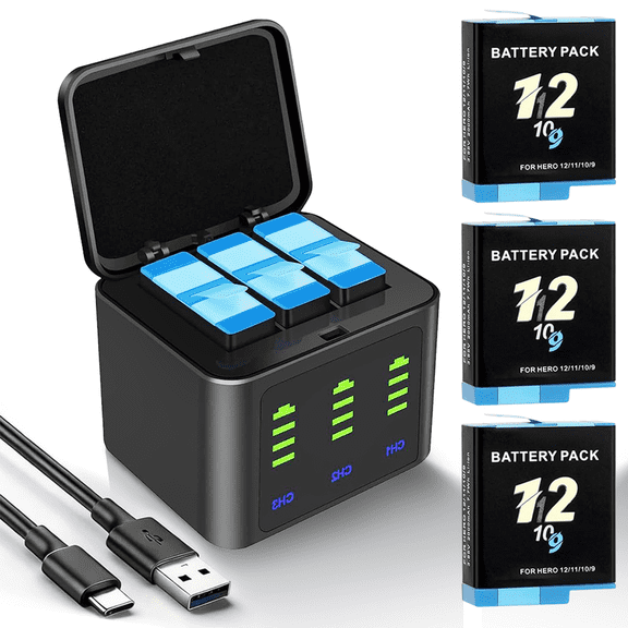 Replacement Battery for GoPro Hero 12 11 10 9 Black with Triple Charger for Go Pro 12 11 10 9 Official Batteries Accessories