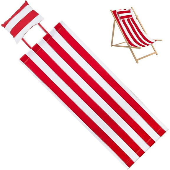 Replacement Beach Sling Chair Cloth with Pillow Folding Lounge Deck Chair Cloth 44x17 Inch Red White Stripes Sling Chairs Canvas for Patio Outdoor Sunbathing Garden Courtyard
