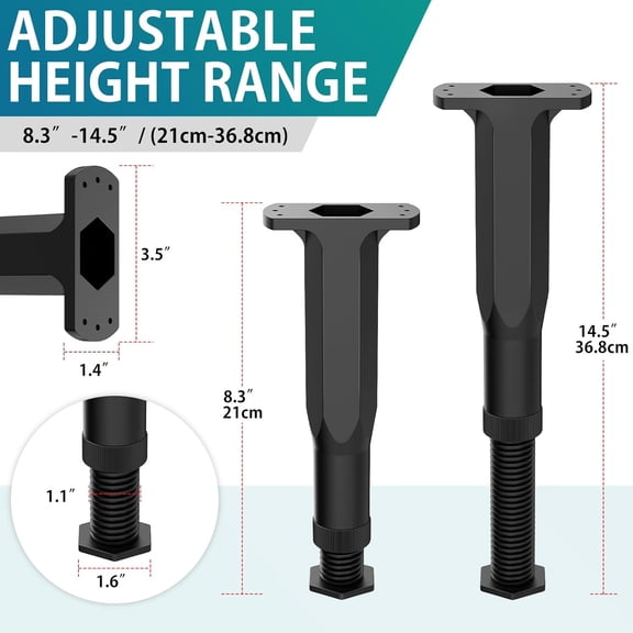 Replacement Bed Frame Support Legs, Adjustable Height 8.3-14.5 Inches, Bed Center Support Legs for Queen and King Size Beds, Adjustable Sofa Furniture Legs, Heavy Duty Furniture Raising Feet, 4 Pack