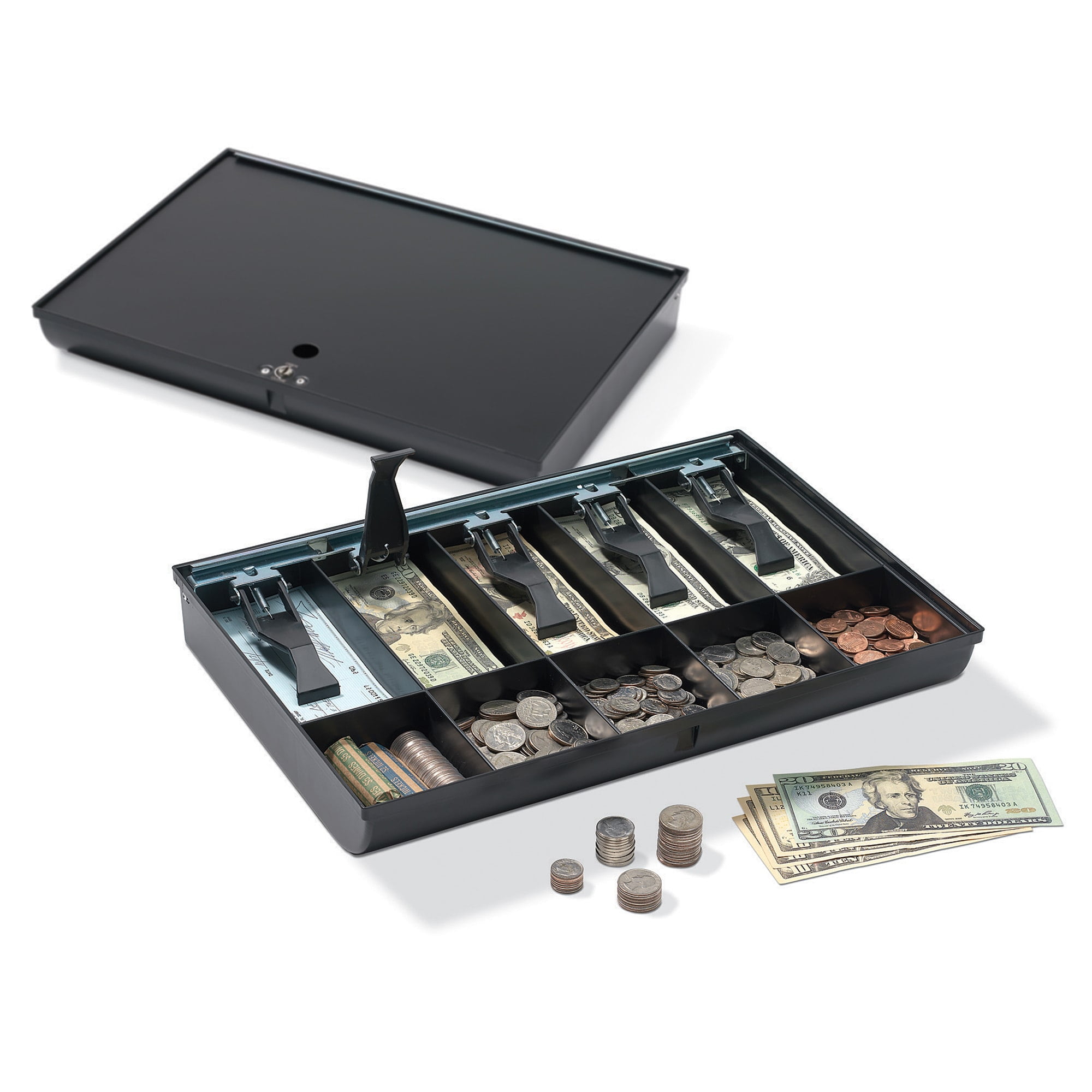 Black Metal Cash Tray with Key Lock and 5 Compartments