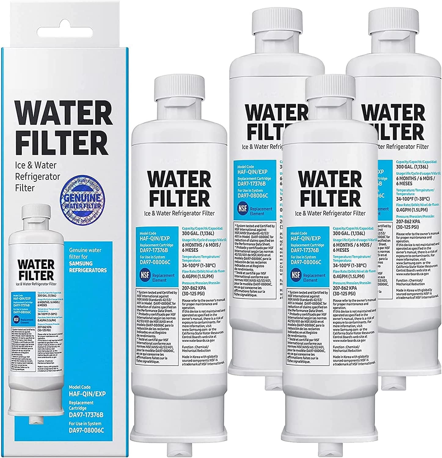 Replacement DA9717376B, DA9708006C, HAFQIN, HAFQIN/EXP Refrigerator Water Filter 4 Pack