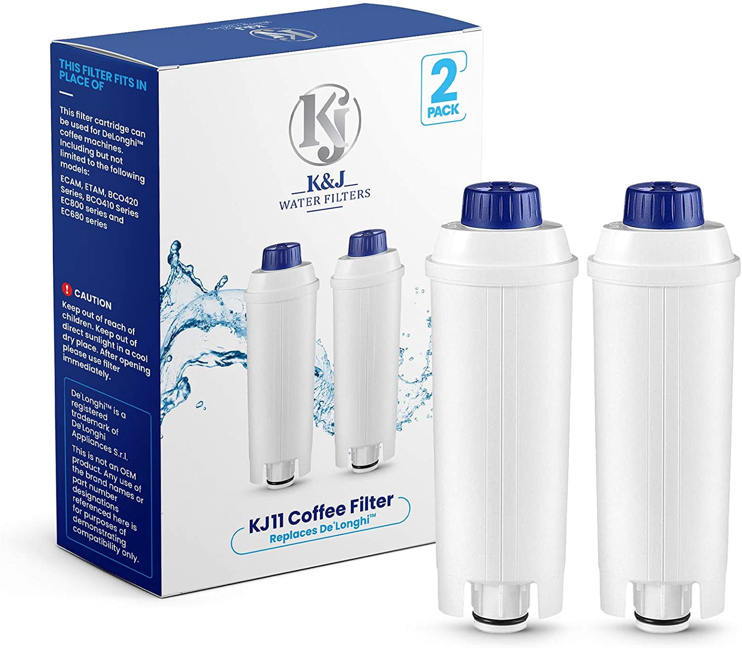 K&J Replacement DeLonghi Water Filter for the Perfect Espresso Coffee Taste - DLS C002 / CFL-950 – 2 Pack White Superior Compatible Filters