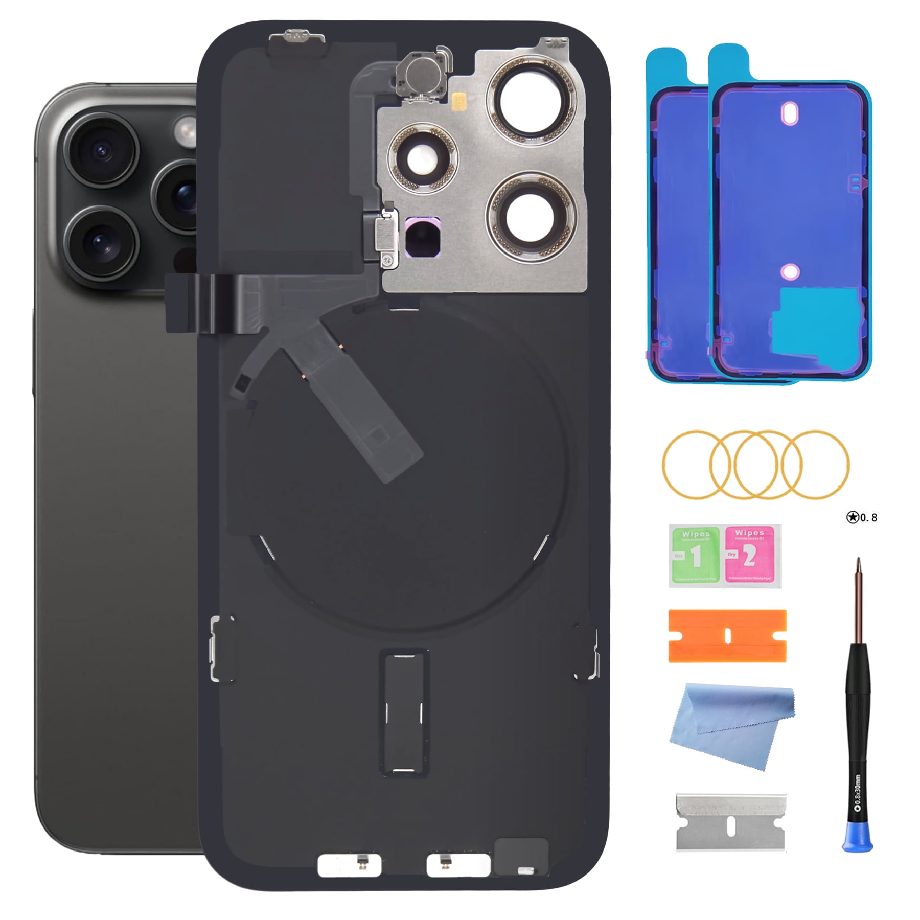 OEM Back Glass for iPhone 15 Pro (6.1-inch, Black Titanium) with Wireless Charging Cable and Camera Bezel（Black Titanium）