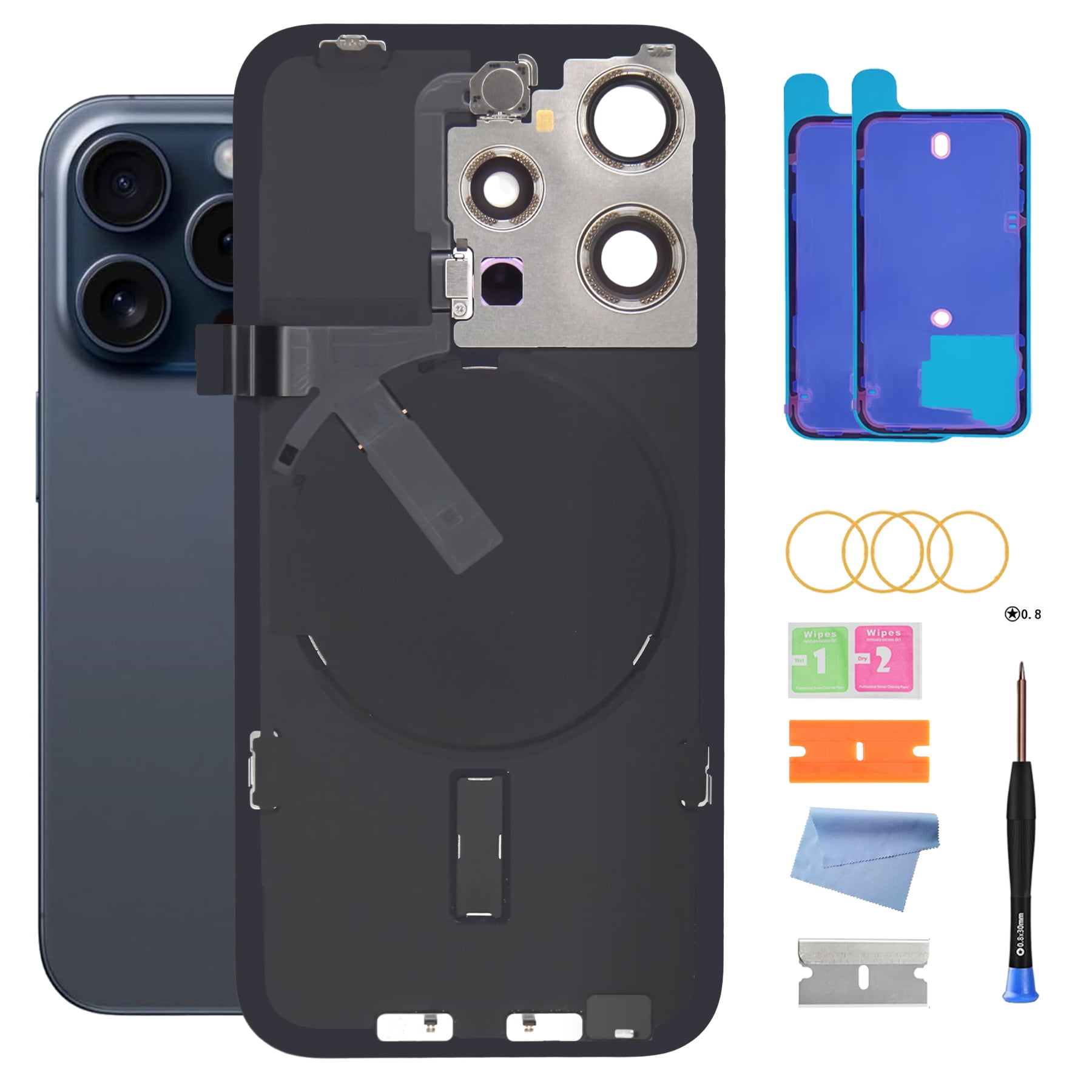 OEM Back Glass for iPhone 15 Pro (6.1-inch, Blue Titanium) with Wireless Charging Cable and Camera Bezel (Blue Titanium)