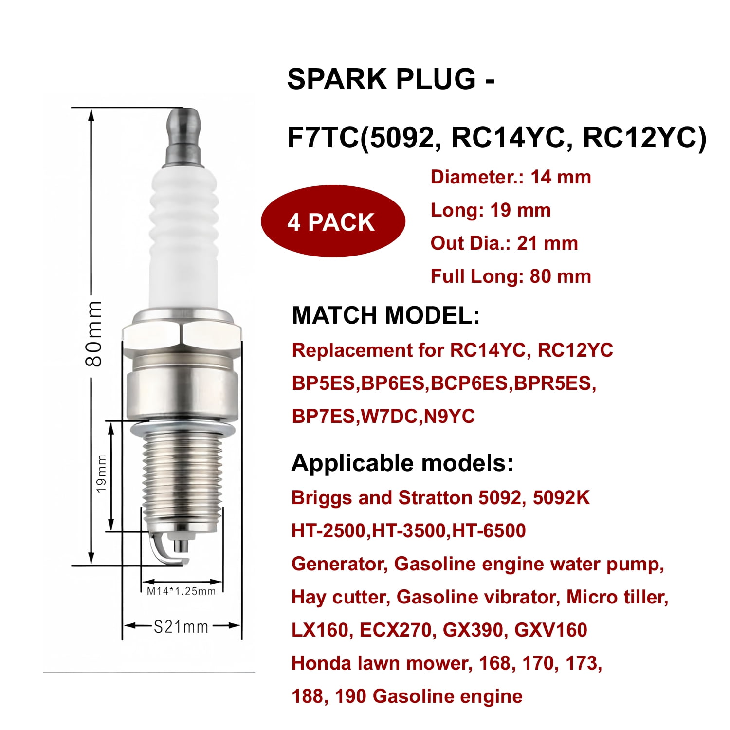 Replacement Engine Spark Plug 5092, Replaces RC14YC, RC12YC-4 PACK ...
