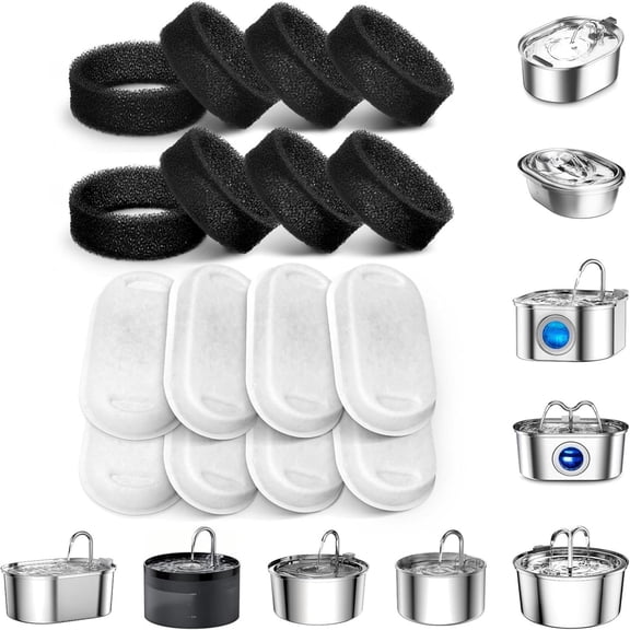 16Pcs Cat Water Fountain Filter, Pet Fountain Filters Replacement, Sponge and Carbon Filters Compatible With FWMB 3.2L/108oz Cat Water Fountain Premium Stainless Steel