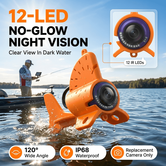 Replacement Fish Finder Camera Unit with 12 Non-Glow Night Vision LEDs, 120 Degree Ultra-Wide Angle, 4x Zoom, and IP68 Waterproof