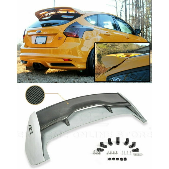Replacement For 2012-2018 Ford Focus Hatchback Models | RS Style CARBON FIBER Rear Roof Spoiler With WIng Riser Extension Kit
