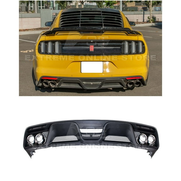 Replacement For 2015-2017 Ford Mustang Models With Premium Package | GT350 Style ABS Plastic - Matte Black Rear Bumper Diffuser With Quad Tips Pair