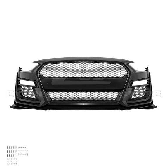 Replacement For 2018-2022 Ford Mustang | GT500 Style Polyurethane - Primed Black Replacement Full Conversion Front Bumper Full Kit