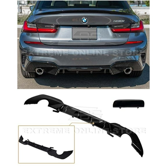 Replacement For 2019-Present BMW G20 G28 330e 330i M-Sport | M-Performance Style ABS Plastic - Painted Glossy Black Rear Bumper Lower Lip Diffuser