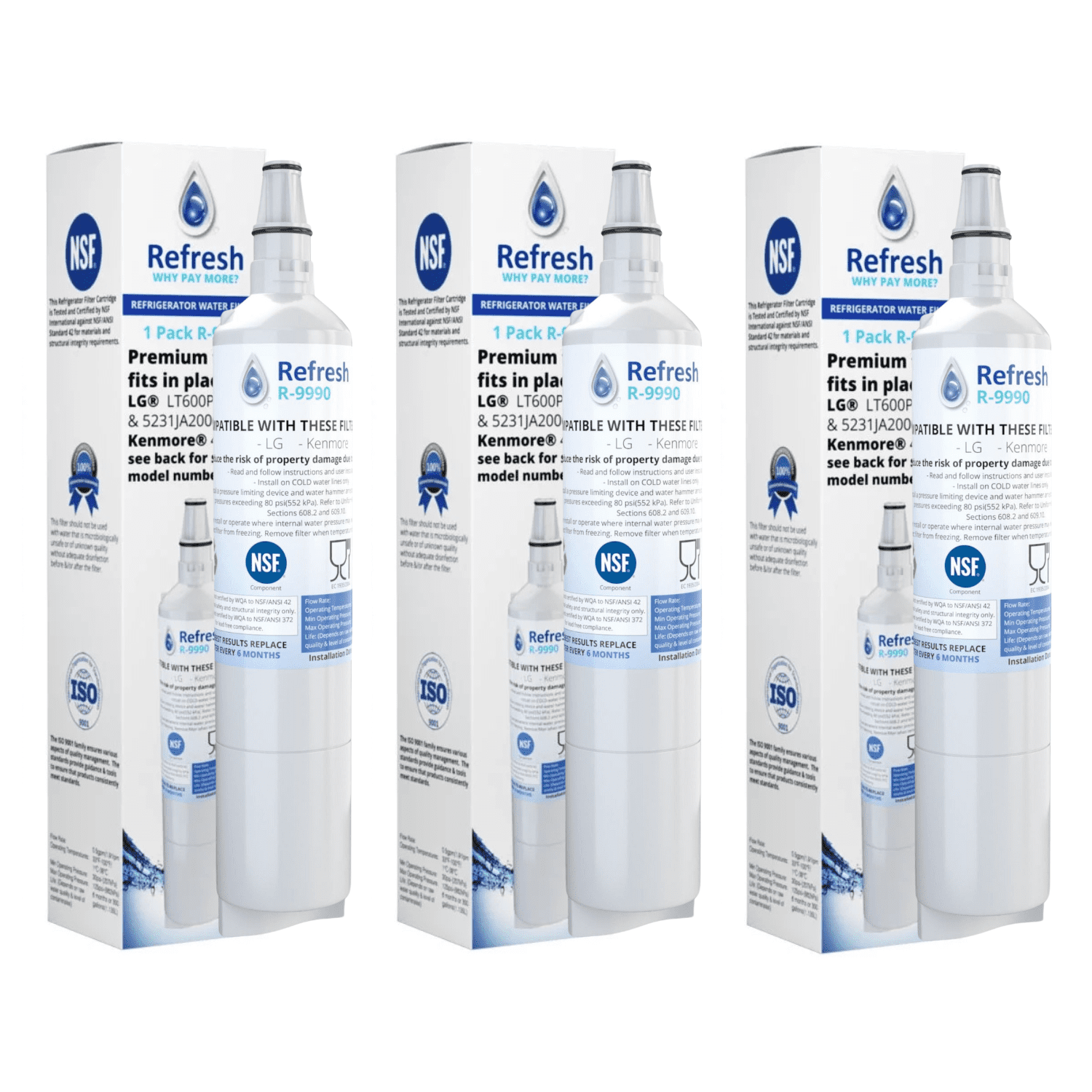 3 x lg 5231ja2006a, lg 5231ja2006b, lg lt600p premium refrigerator water filter by refresh / also for kenmore 46-9990, 9990, 469990