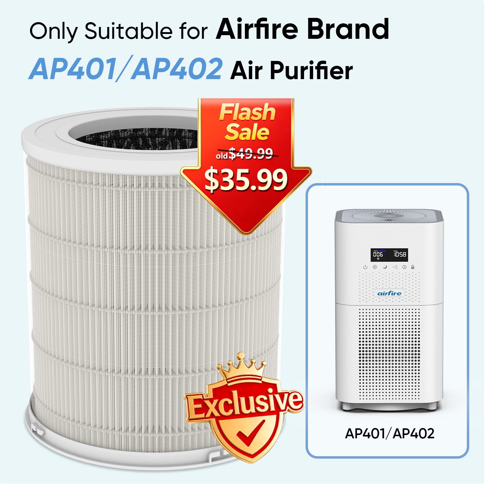 Replacement H13 HEPA Air Purifier Filter only for AP401 & AP402 CADR 400+ m³/h Air Purifier , Activated Carbon, Original