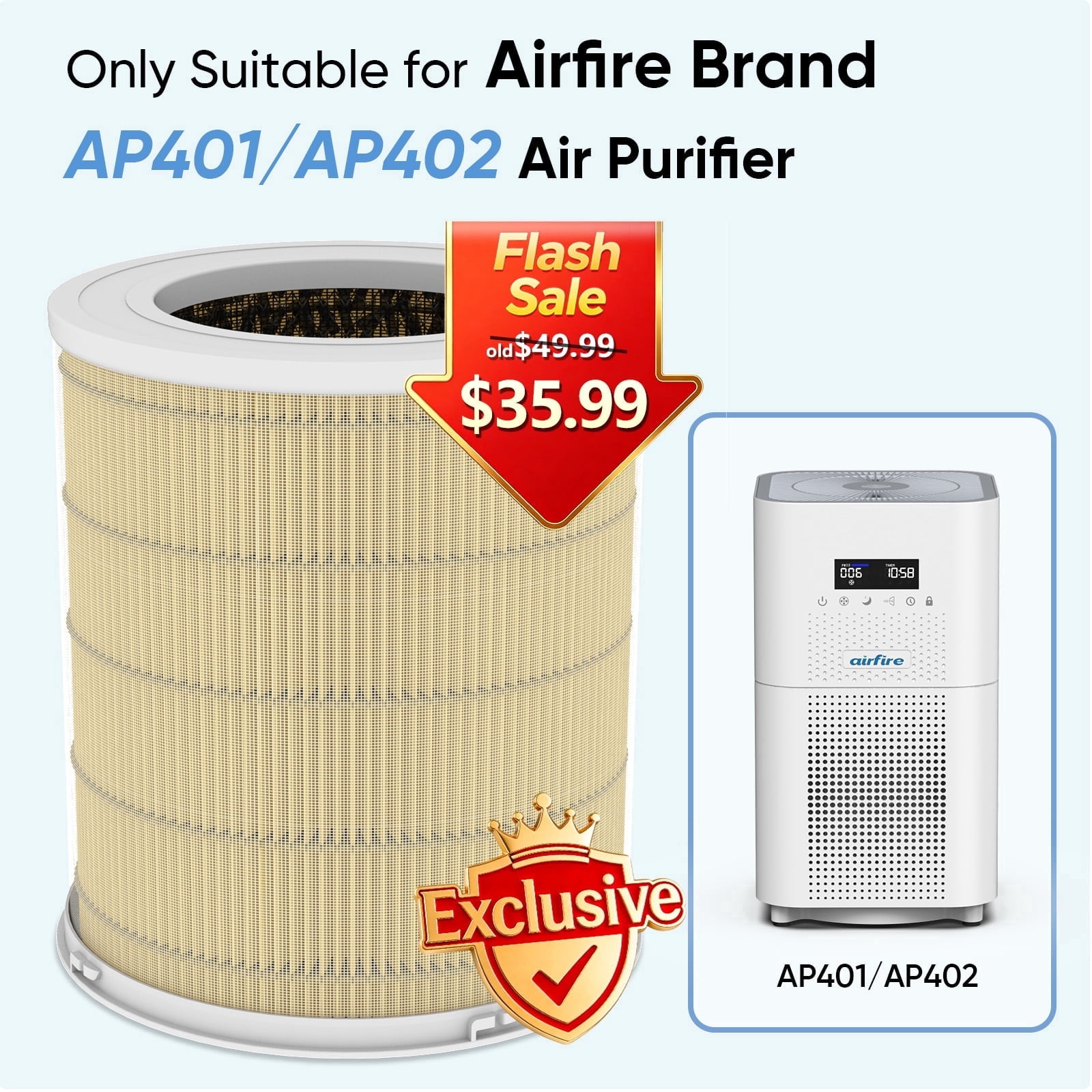 AIRFIRE Replacement H13 HEPA Filter, Fits AP401 and AP402 Air