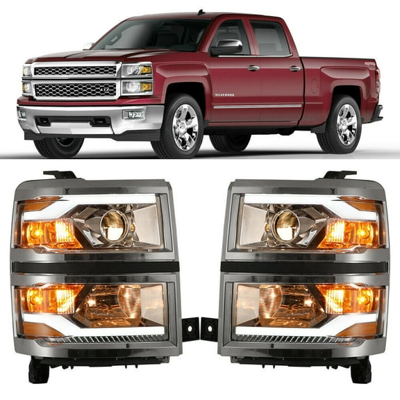 Replacement Headlight Assembly Fit for 2014-2015 Chevrolet Silverado 1500 LED DRL Bar Projecto with Led Turn Signal and Clear lens, Driver & Passenger Side (Chrome)