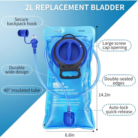 Replacement Hydration Bladder Compatible with Camelbak Backpack, 2L Water Bladder for Hiking Backpack, No Leakage Water Reservoir Storage Bag, with Large Opening, for Camping, Cycling and Running