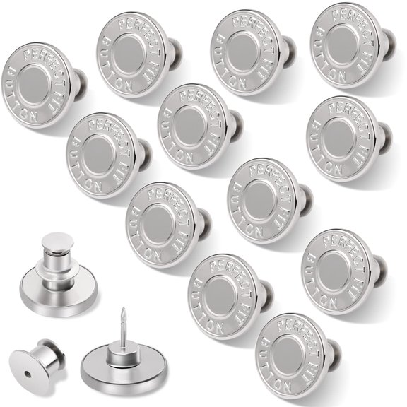 Replacement Jeans Buttons, 12 Sets No Sew Detachable Metal Button Pins, Instant Pant Waist Tightener for Loose Jeans, Pants, Shorts, Jackets, Skirts, Backpacks, Hats, Silver
