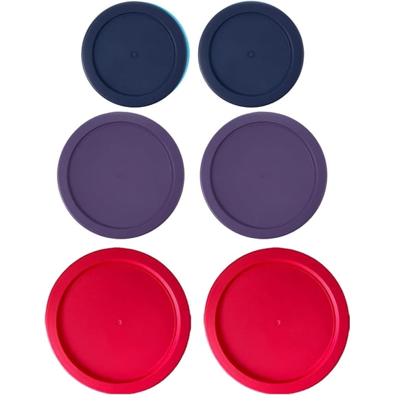 Replacement Lids for Pyrex Containers Round Glass Food Plastic - (2) 2-Cup Navy, (2) 4-Cup Purple, (2) 7-Cup Dark Red- BPA-Free, Dishwasher & Microwave Safe