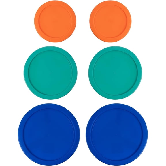 Replacement Lids for Pyrex Containers Round Glass Food Plastic - (2) 2-Cup Orange, (2) 4-Cup Teal, (2) 7-Cup Blue - BPA-Free, Dishwasher & Microwave Safe