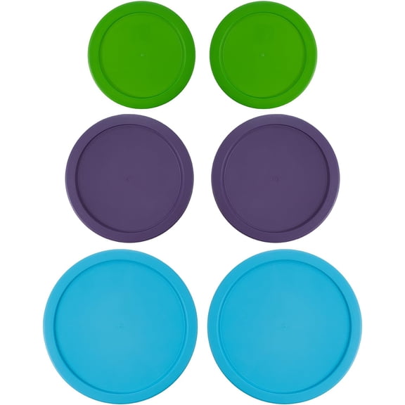 Replacement Lids for Pyrex Containers Round Glass Food Plastic (2) 2-Cup Green (2) 4-Cup Purple (2) 7-Cup Light Blue