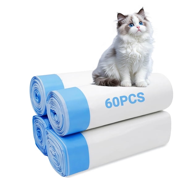 Replacement Liner Compatible with Open-Top Self-Cleaning Cat Litter Box, Leak-Proof Drawstring Litter Bags 4 Rolls 60 Count for Easy Cleanup, White