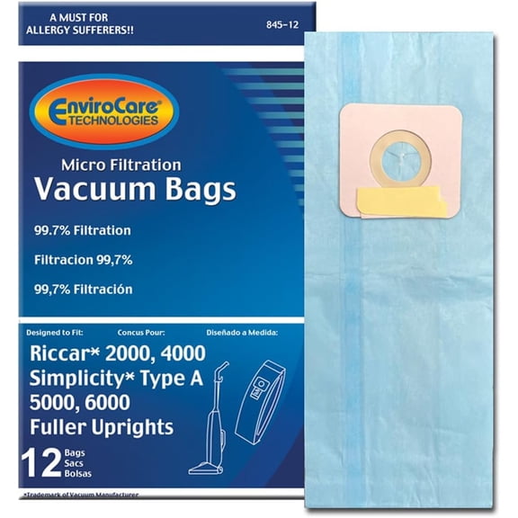Replacement Micro Filtration Vacuum Cleaner Dust Bags made to fit Riccar 2000, 4000 and Vibrance Series. Simplicity 5000, 6000 and Symmetry Type A 12 pack