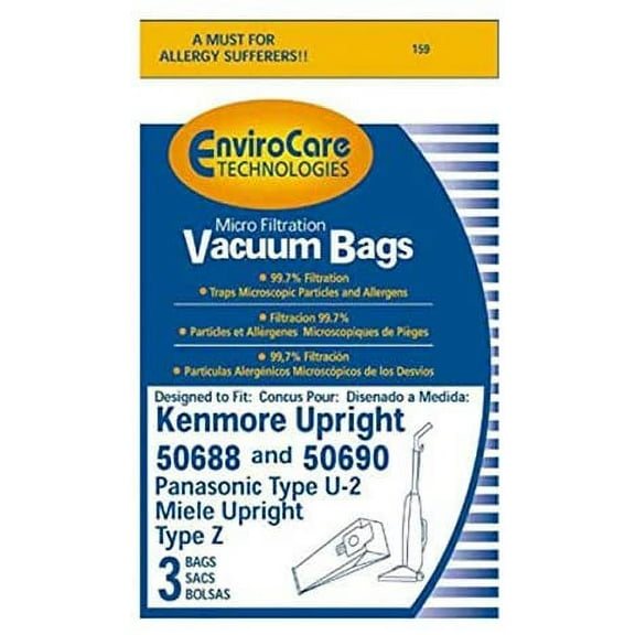 Replacement Part For Kenmore Vacuum Bags for Upright Type U/L/O 50688 and 50690, Type U-2, Type Z. 3 Pk