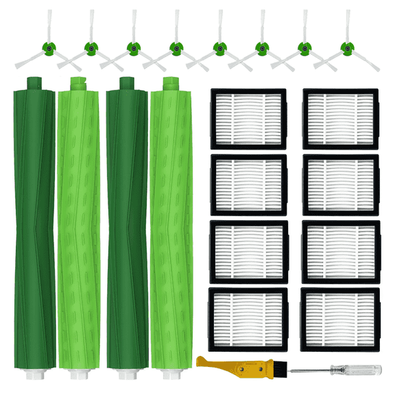 Bibemorol Replacement Parts for iRobot Roomba i3/i3+, i7/i7+, i8/i8+, E5, J Series - 2 Rollers, 8 Filters, 8 Brushes