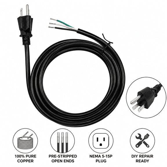 Replacement Power Cord 6ft 18AWG 3 Prong Open Wiring End NEMA 5-15P Plug Pigtail Cable for Appliance DIY Repair