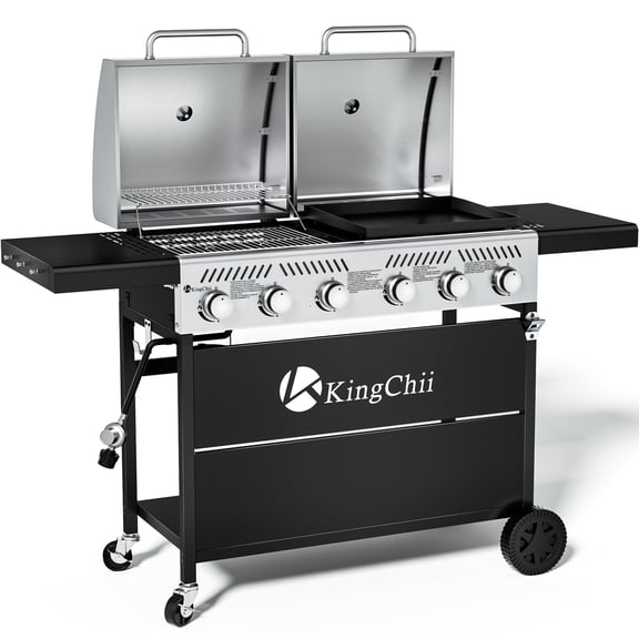 KingChii Propane Gas Grill and Griddle Combo, 2 in 1 Dual Outdoor BBQ with 45,000 BTU for Outdoor Patio Cooking Barbecue